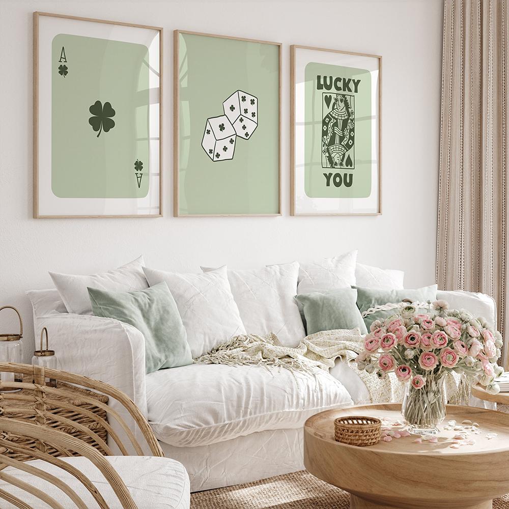 Retro Sage Green Trendy Lucky You Wall Art Prints Ace Card Poker Dice Canvas Painting Poster Pictures For Living Room Home Decor