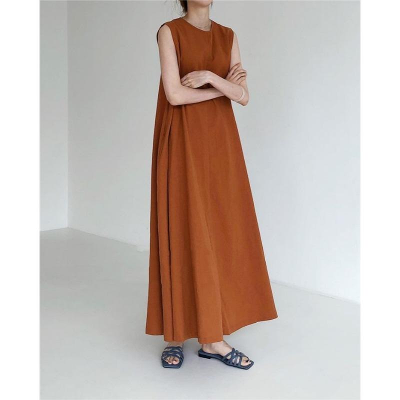 Pumpkin Color Lazy Simple Swing Loose Sleeveless A-line Vest Long Skirt Slimming Dress
