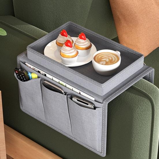 Couch Cup Holder Tray Couch Drink Holder Caddy Sofa Armrest Organizer with Side Pockets for Remotes Cell-Phone Tablet Snack