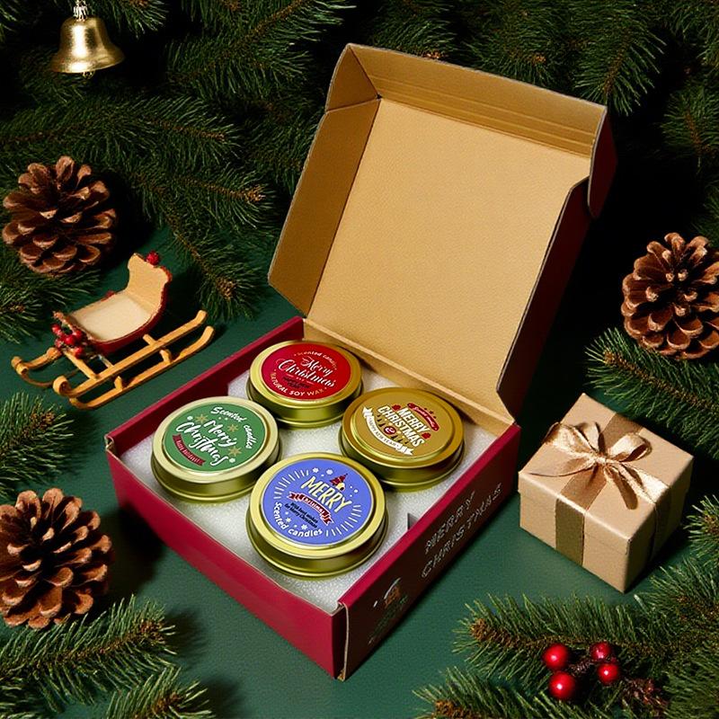 Christmas Scented Candle Gift Set, Smokeless Soy Wax in Tin Box, Premium Holiday Decor Gift