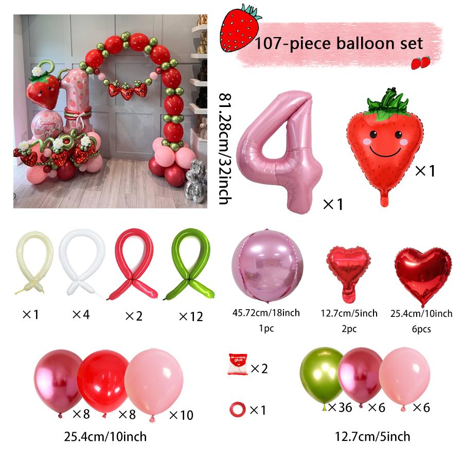 Pink Digital Strawberry Balloon Set 32 Inch Digital Balloon Strawberry Aluminum Film Balloon Birthday and Anniversary Decoration