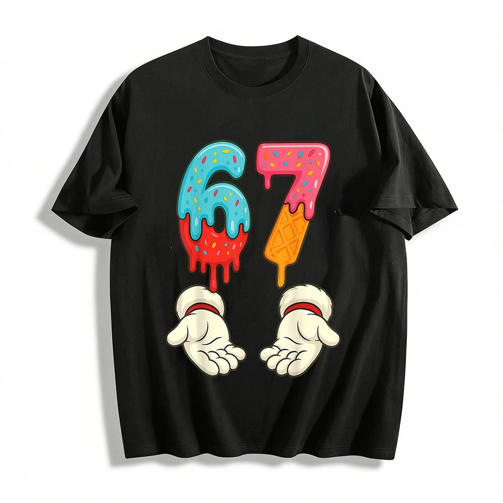 Cute Melting Ice Cream Number 67 Cartoon Gloves Print Casual Tee Pure cotton T-shirt XXS