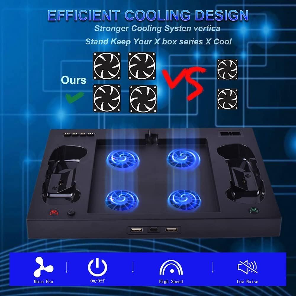 Suporte para Xbox Series X com ventoinha, estação de carregamento para dois controles com 4 ventoinhas de resfriamento, 1 suporte para fone de ouvido, pacote com 2 baterias recarregáveis de 1400 mAh