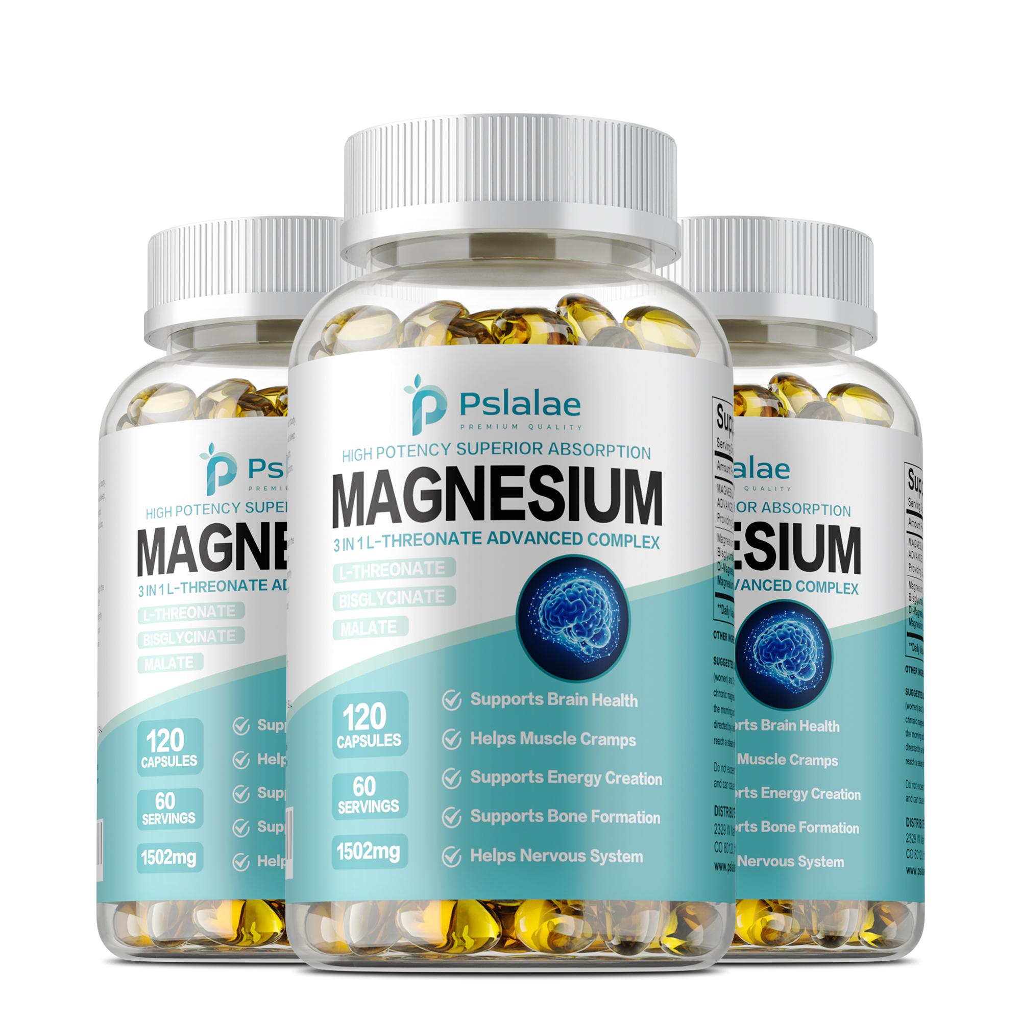 Pslalae - 3-in-1 Magnesium-Nahrungsergänzungskapseln - Gehirngesundheit, Muskulatur 120*3
