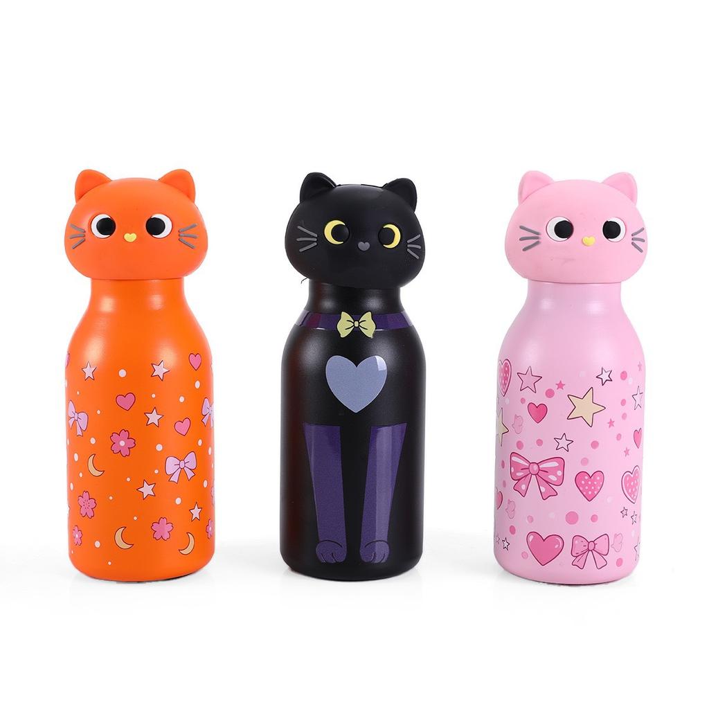 Bouteille d'eau isotherme en acier inoxydable avec tête douce amovible en forme de chat Thermos en forme de chat de dessin animé avec paille pour enfants
