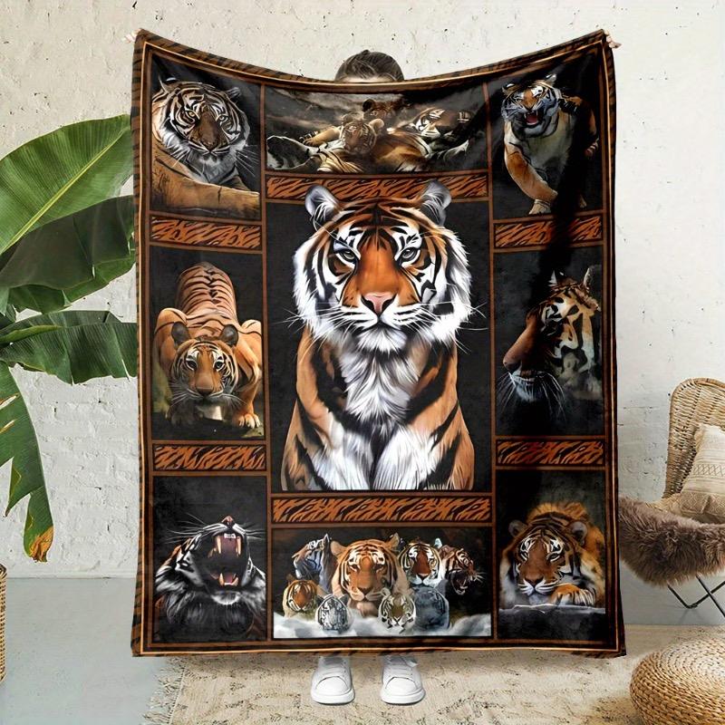 [Rustic Cartoon Print flannel blanket] Rustic Reversible Cartoon Tiger Print Throw Blanket - All Seasons Polyester Flannel 75x90cm