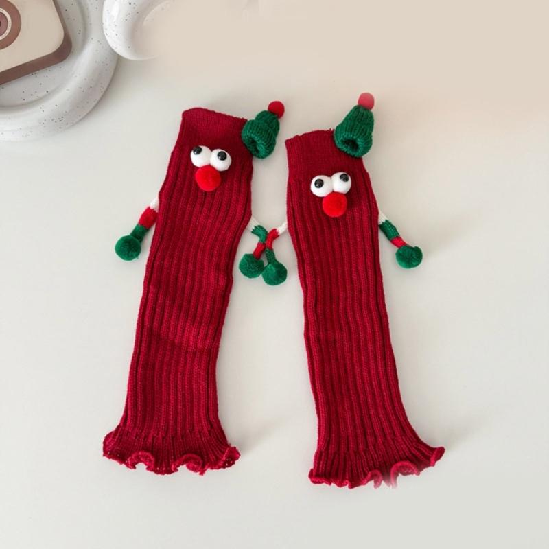 Christmas Holiday Leg Covers 3D Santa Hat Doll Magnetic Hand Holding Leg Warmers Socks with Big Curious Eyes for Women