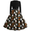 Moda casual feminina manga longa Halloween gráfico impresso vintage vestidos longos