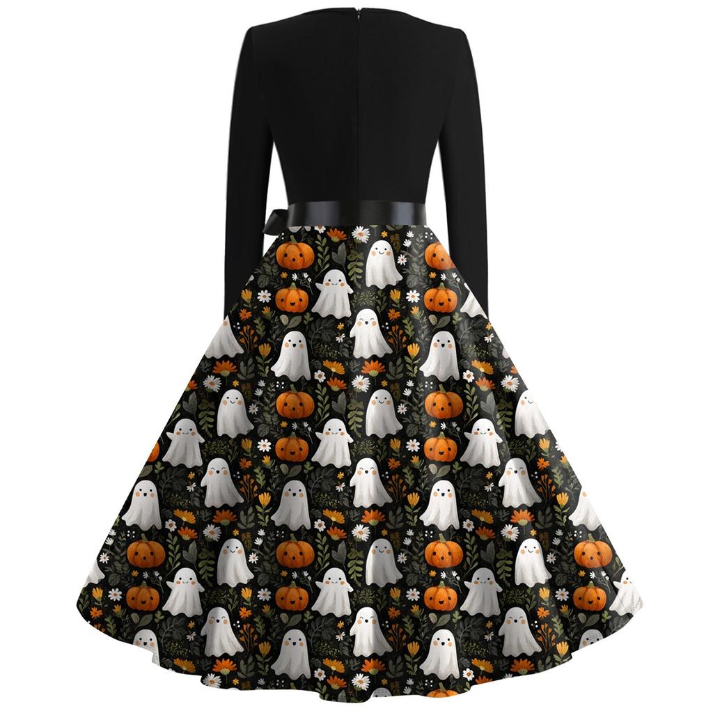 Moda casual feminina manga longa Halloween gráfico impresso vintage vestidos longos