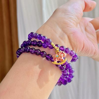Bracelet 6mm Matière Ancienne Violet Royal Améthyste Naturelle Multi-cercles Motif Poney Rose
