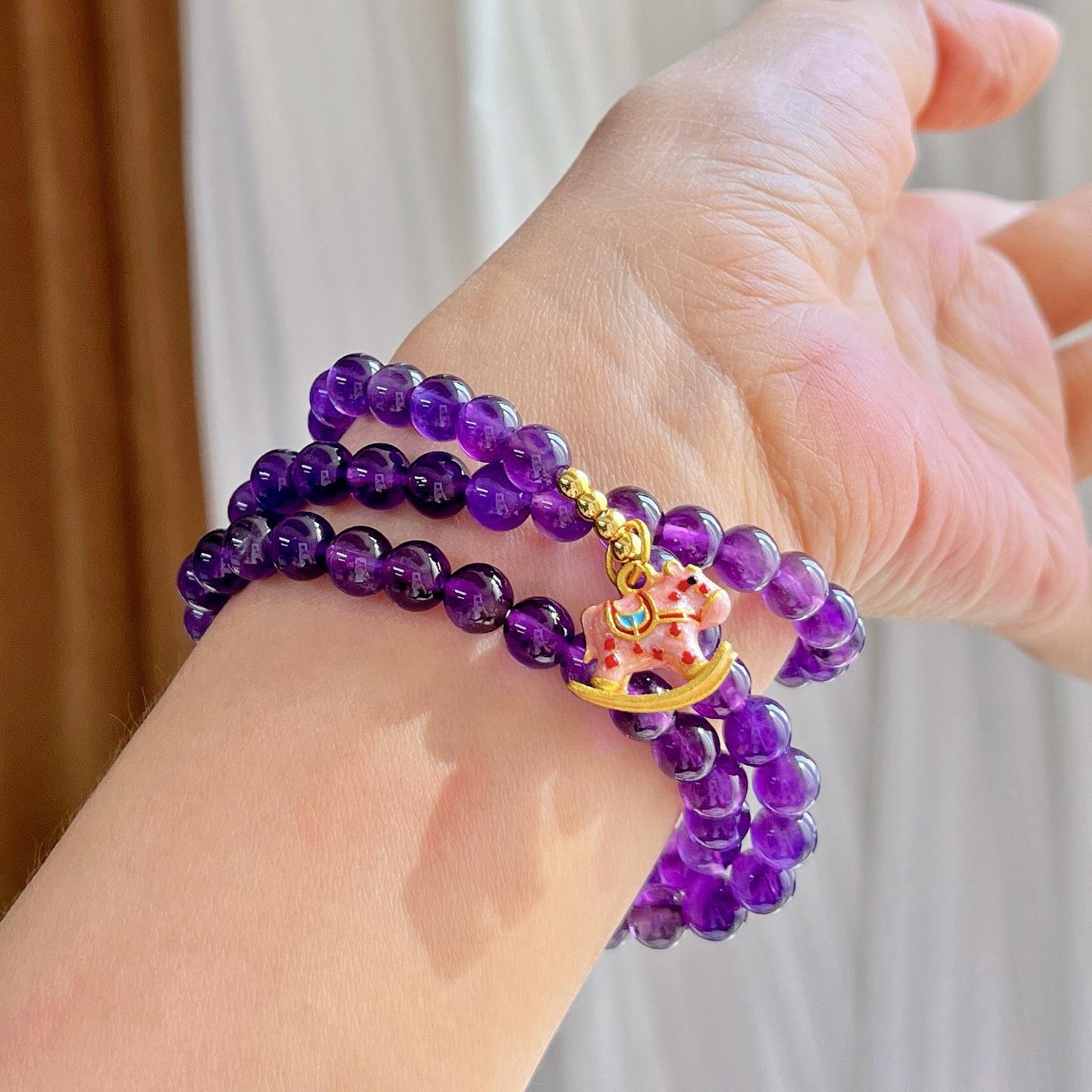 6Mm Old Material Royal Purple Natural Amethyst Multi-Circle Pink Pony Design Bracelet Bracelet.