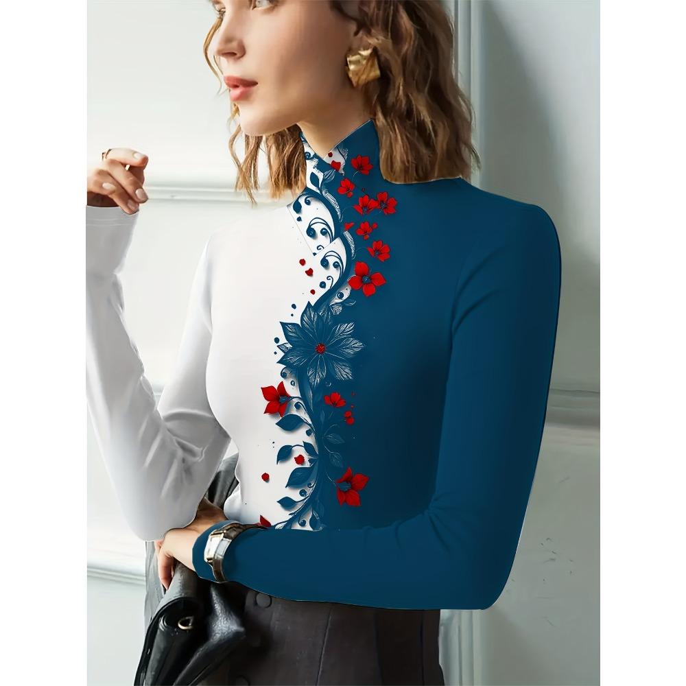 Women's Printed Cheongsam Collar Slim-fitting Long-sleeved T-shirt, Elegant Long-sleeved Bottoming Shirt, Spring and Autumn Women's Clothing