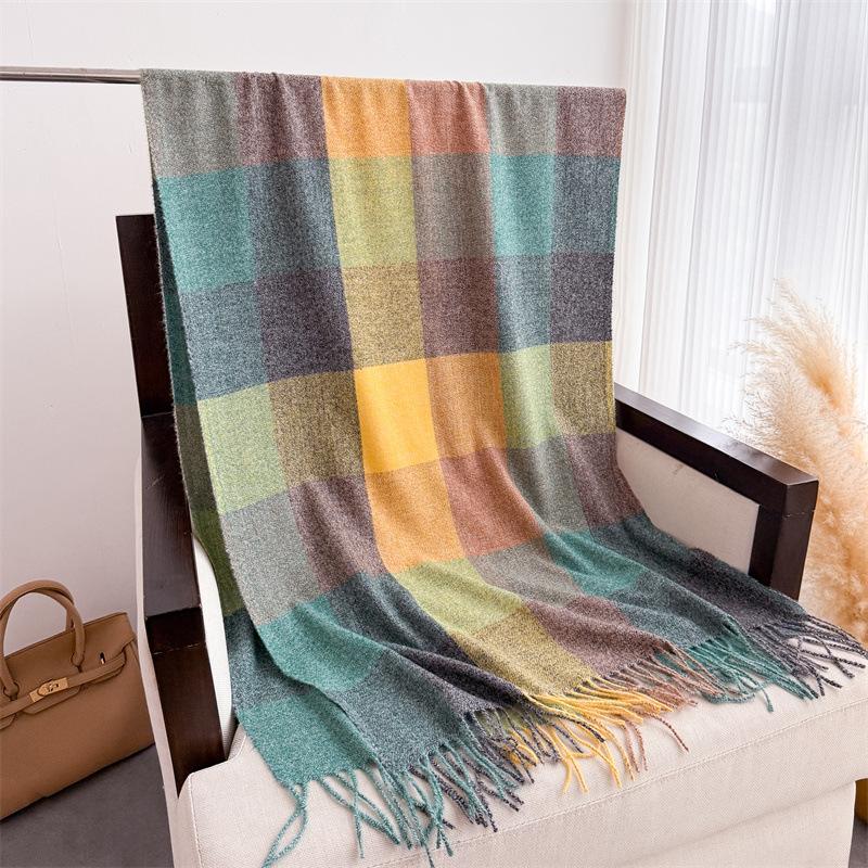 

Красочный клетчатый шарф контрастных цветов, теплый осенне-зимний, женская шаль, модный универсальный шарф с бахромой, имитация кашемира 200cmX63cm (with tassel)