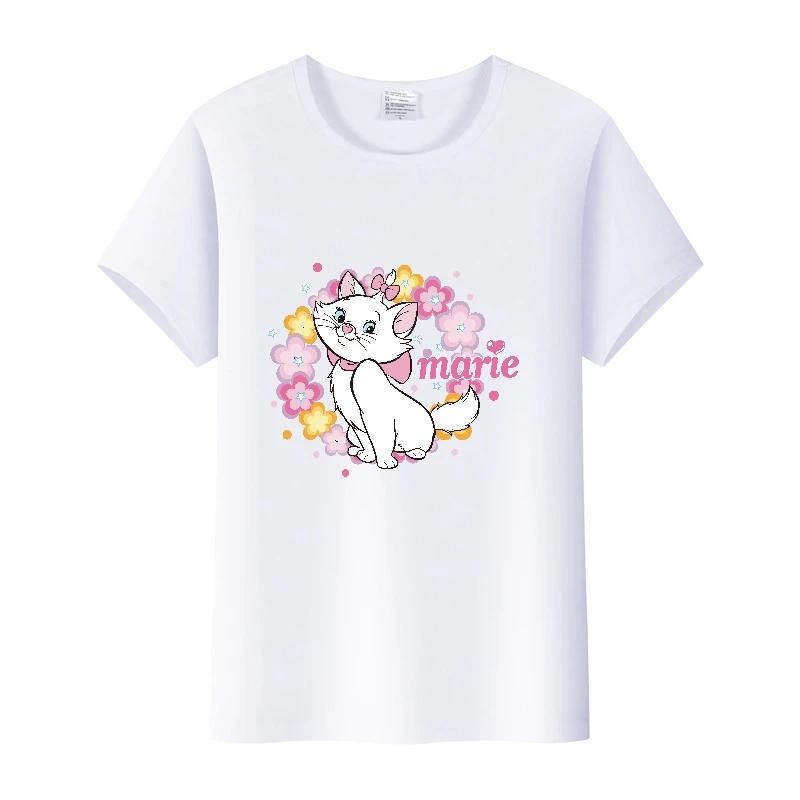 Kpop Fashion Disney Marie Cat Cartoon Love Woman Tees 2023 Summer Tops Short Sleeve Girl T-Shirts Oversized Clothes Mens Blouses