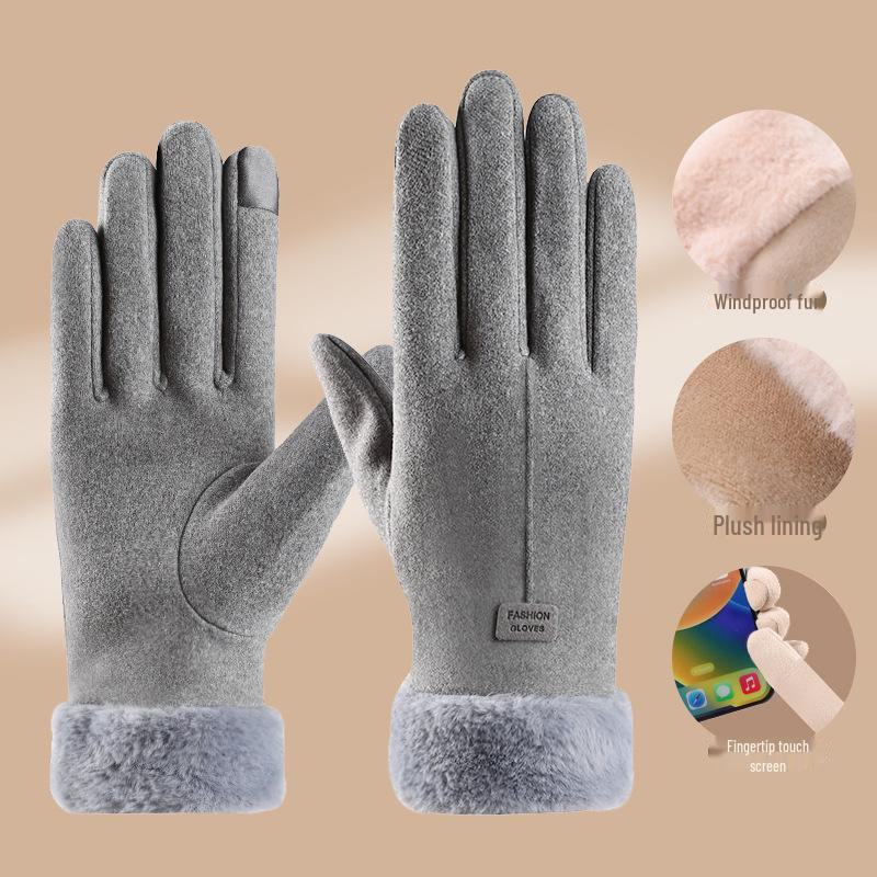 Women's Winter Touchscreen Velvet Gloves - Windproof, Fur-Lined, Ideal for Outdoor Activities and Cycling.