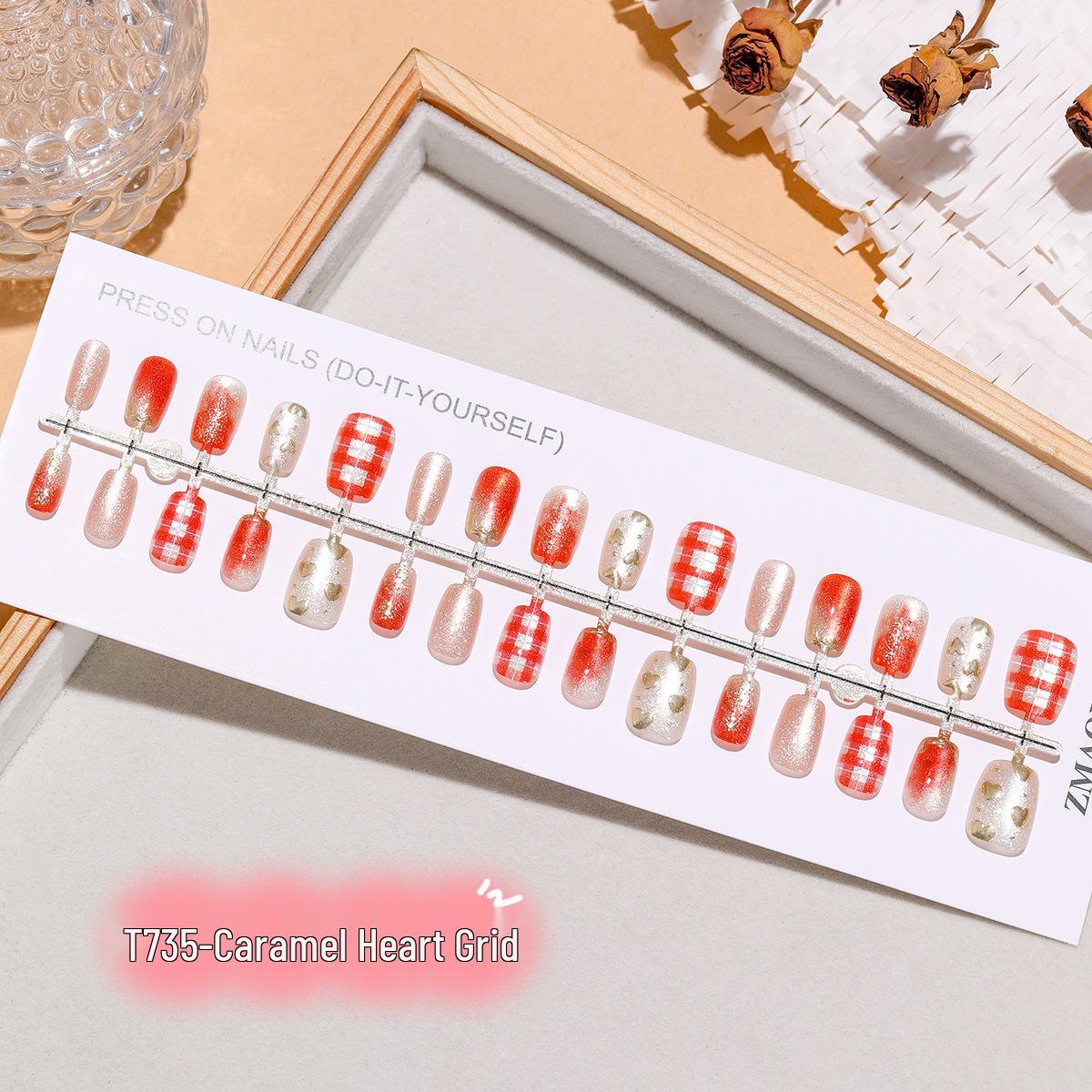 Caramel Heart Plaid Festive Gold Leaf 3D Gradient Cat Eye Press-On Nails Full Set S