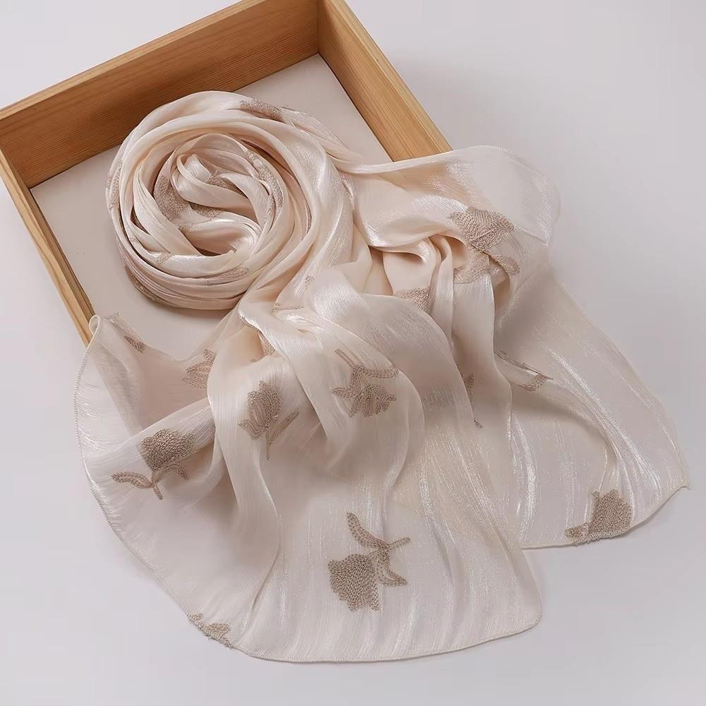 Glitter Floral Embroidery Hijab 70*175CM Crinkle Plain Scarves Fashion Islamic Head Wrap  For Women