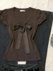 Korean-Style Brown Bow V-Neck Vintage Slimming T-Shirt, Retro Y2K Hot Girl Short-Sleeved Design