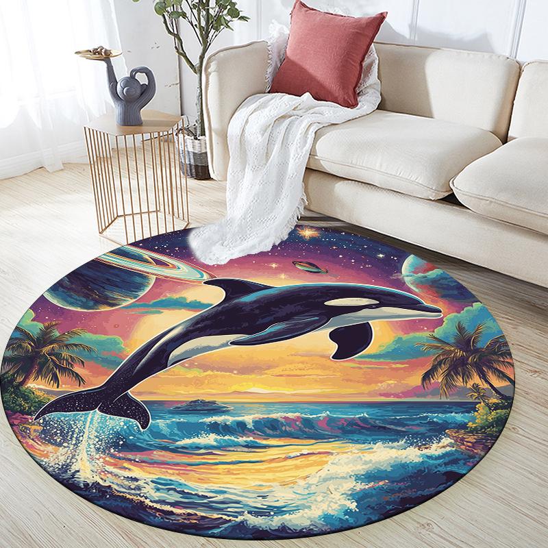 Whale and Dolphin Pattern Round rug,Carpet Rug for Living Room Bedroom Sofa Playroom Decor,Non-slip Floor Mat,Holiday Gifts and Birthday Gifts.