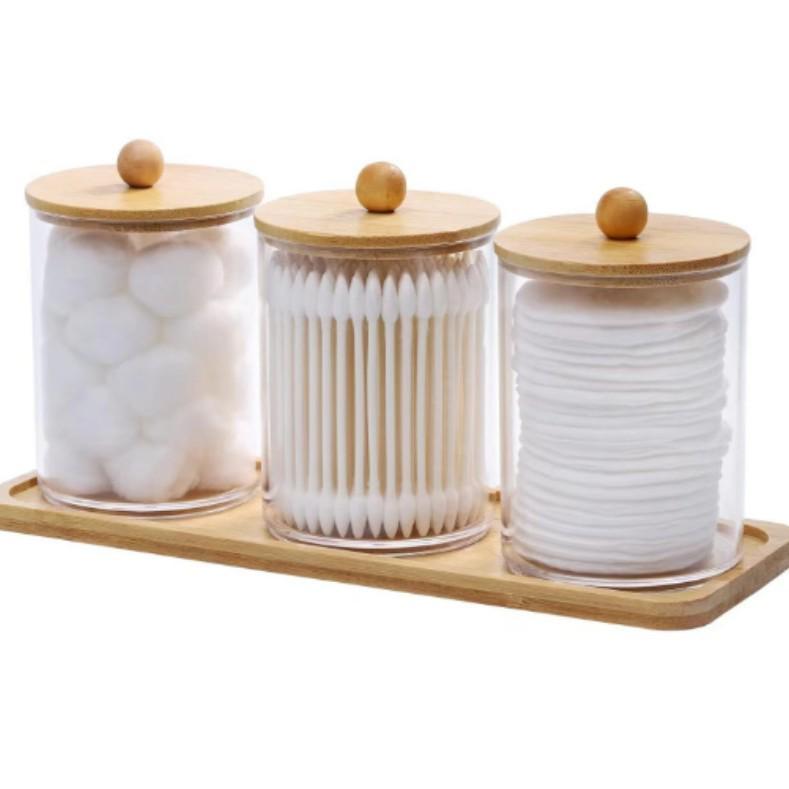 Bamboo Lid Cotton Swab & Makeup Remover Acrylic Storage Box: Includes Cotton Balls, Dental Floss, Round Box