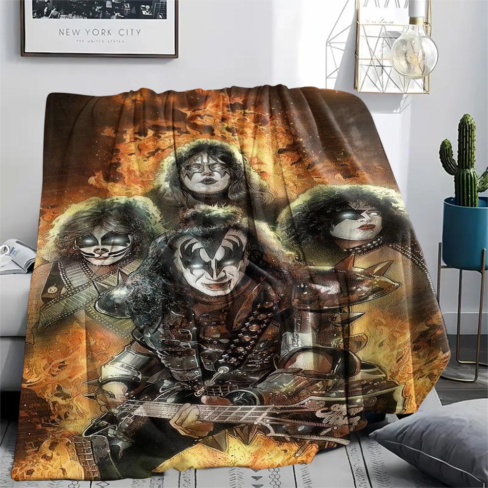 1Pc Rock Kiss Band Print Flannel Blanket, High Quality Comfortable for All Seasons, Home Decor, Warmth and Comfort, Perfect for Christmas Gifts