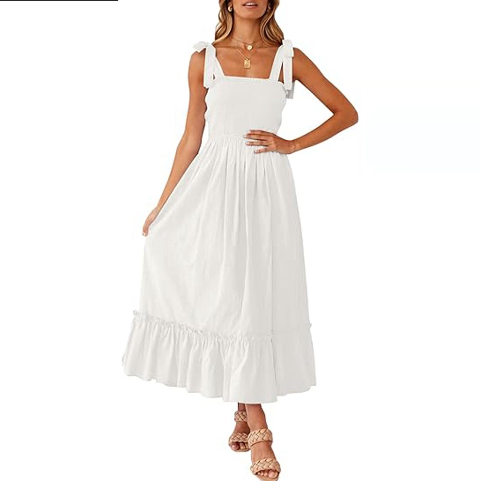 

Женские модные богемные бретели с квадратным вырезом, однотонные пляжные длинные платья трапециевидной формы с рюшами XL белый
