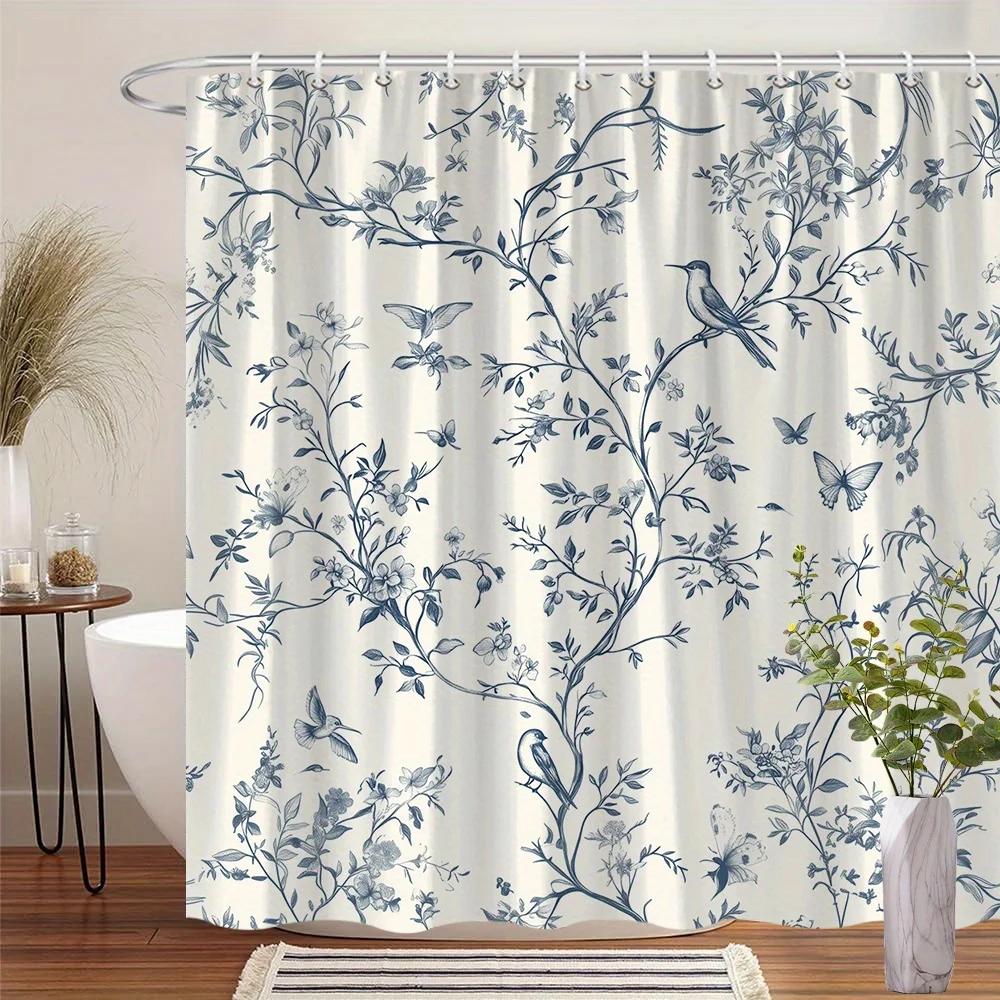 

1 Винтажная ботаническая шторка для душа с детальным дизайном синих ветвей и птиц - Полиэстер с крючками, машинная стирка 90x180cm