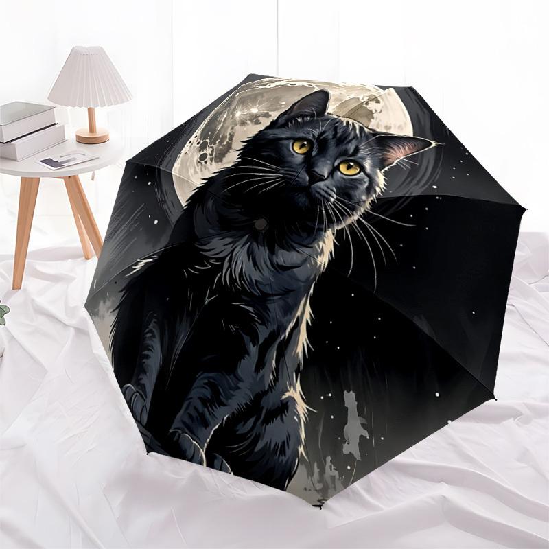 1pc Moonlit Cat Night Scene Auto-Fold Umbrella with One-Touch Open/Close - 8 Reinforced Ribs for Windproof Stability,  Yy251118127