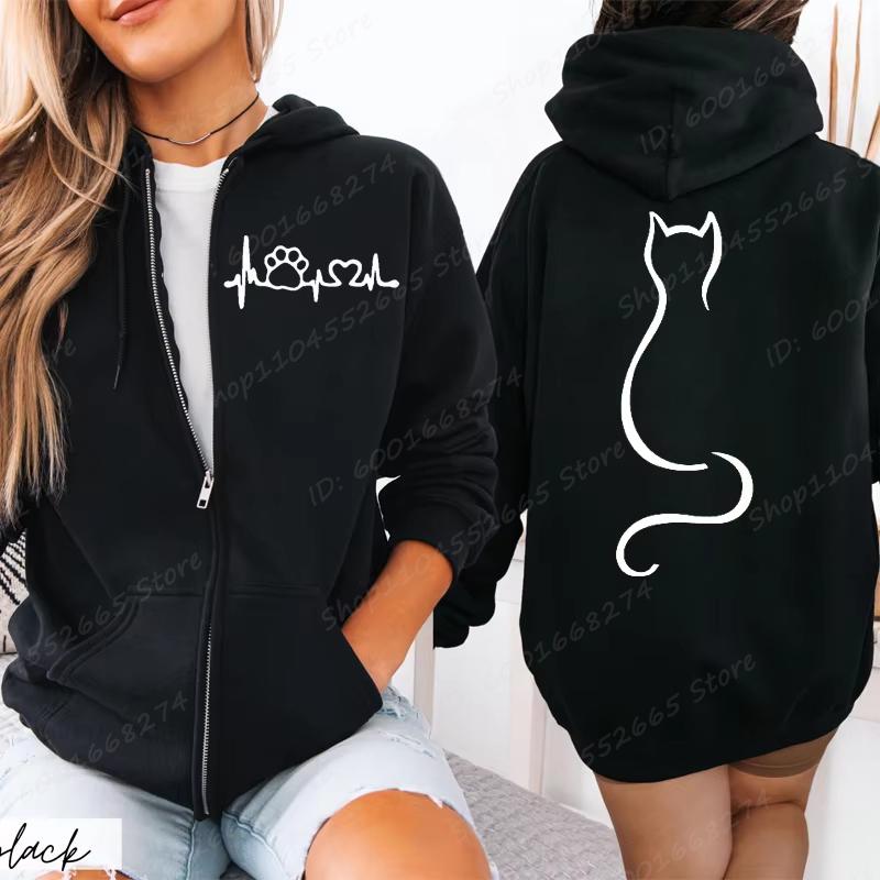 Women Zipper Hoodies Autumn Winter New Cute Cat Heatbeat Line Print Hoodies Streetwear Women Zip Up Jacket Coat Clothing