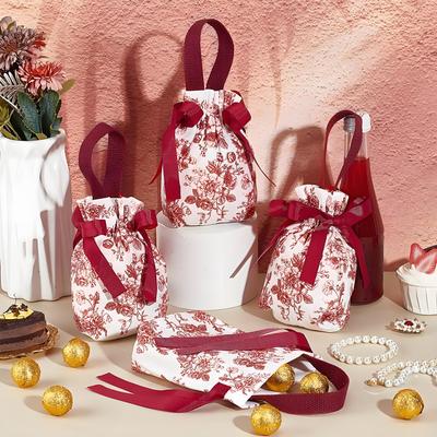 10-Pack Floral Drawstring Gift Bags | Elegant Wedding & Birthday Favor Pouches | 6.9x5.3 Inch Canvas Tea Party Handled Bags