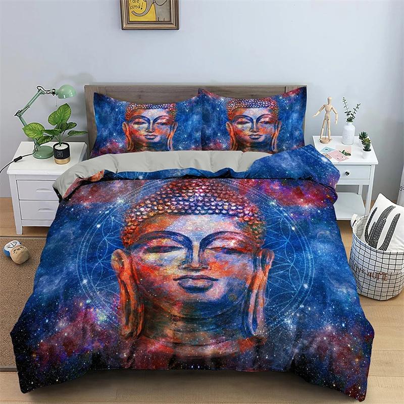 Mandala Buddha Duvet Cover Set King Size Exotic Ethnic Bohemian Bedding Set Golden Black Lotus Flowers Print Gorgeous Women Men