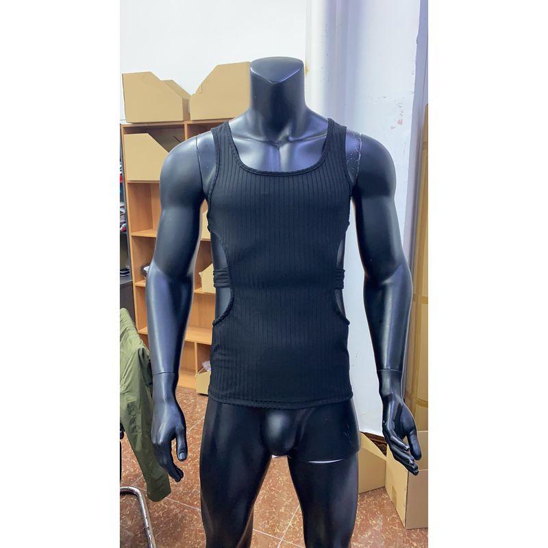 

European and American Hollow Solid Stretch Slim fit Top Street Sports Personality Cargo American Vest Men s Sleeveless T-shirt Black 2 (Shoulder Strap Without Buttons) 2XL