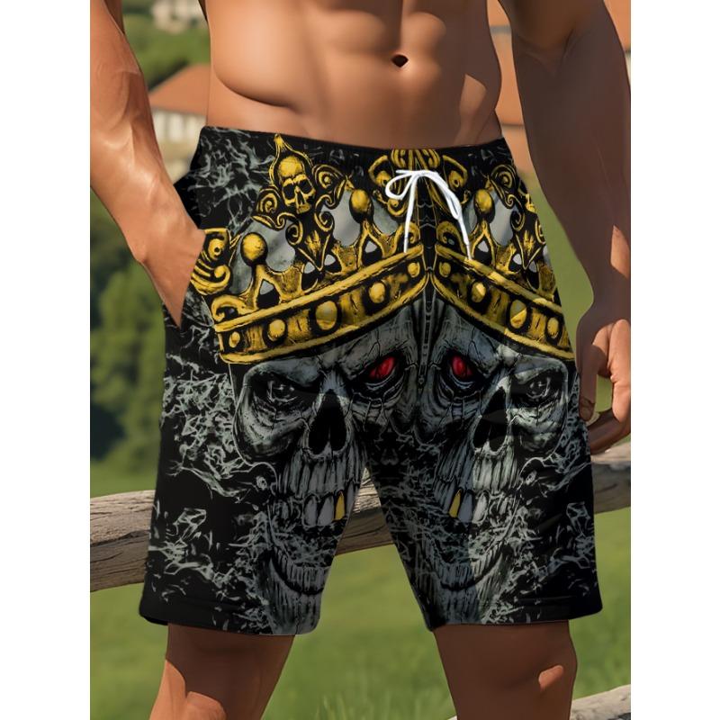 Men s digital printed beach pants summer fashion skull crown pattern casual vacation five quarter shorts S