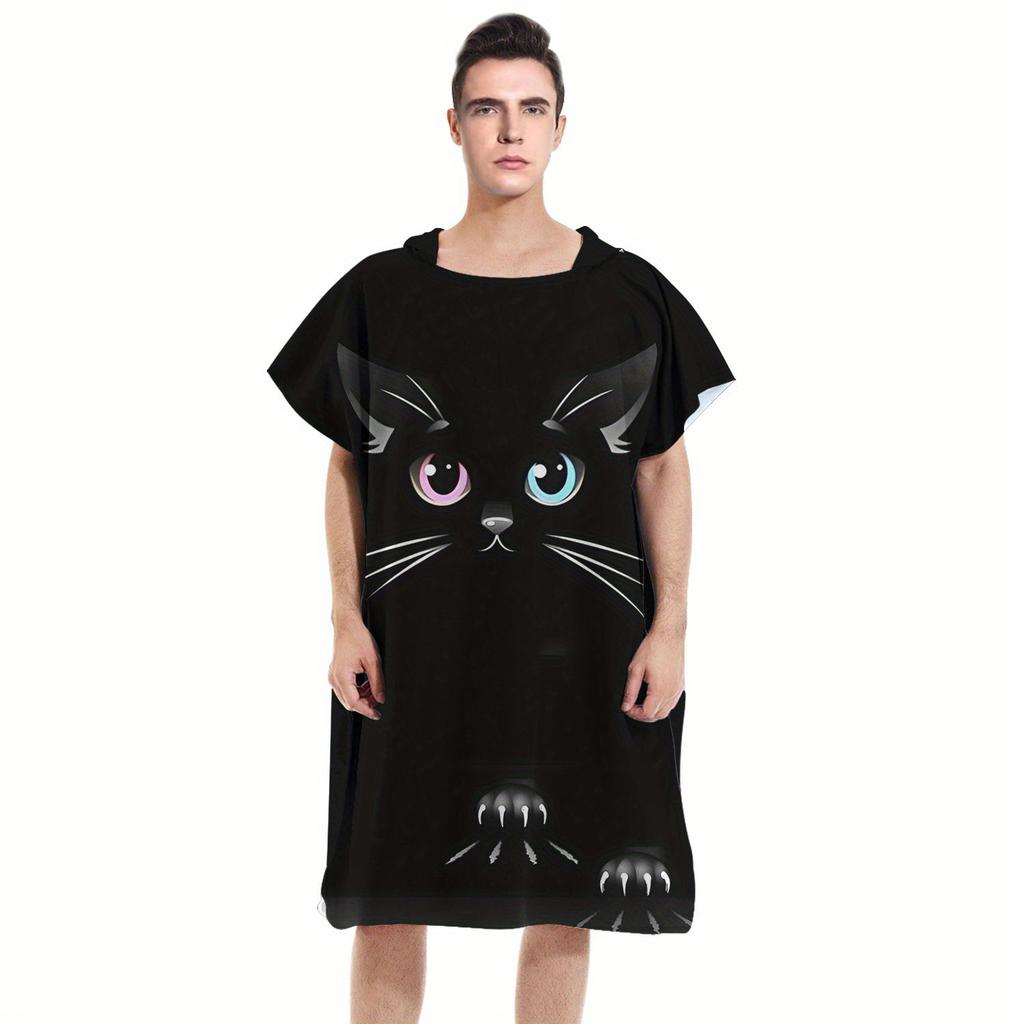 Heterochromia Black Cat Hooded Towel Flat Print Microfiber Changing Robe for Swimming Beach Pool Poncho for Children Adults