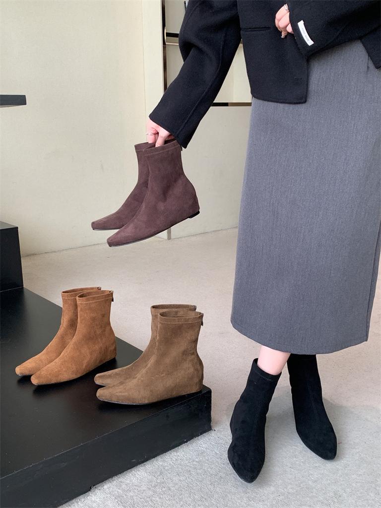 Inner Height-increasing Suede Square Head Short Boots Women's 2025 Autumn and Winter New Temperament Versatile Women's Boots, Wedge Heel Rear Zipper 
