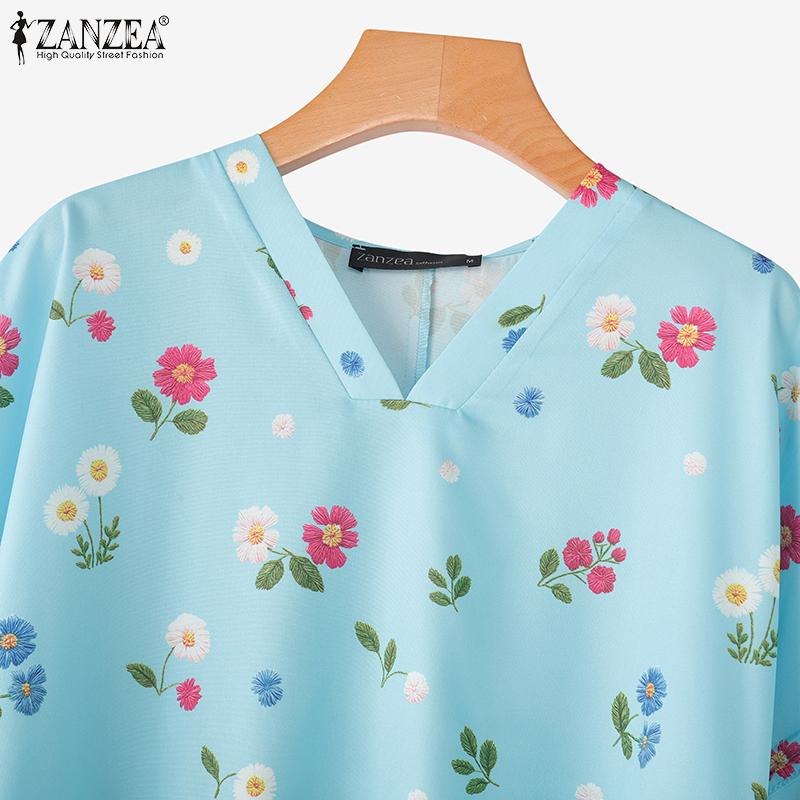 ZANZEA Women Summer V-Neck Casual Short Sleeve Irregular Floral Print Blouse