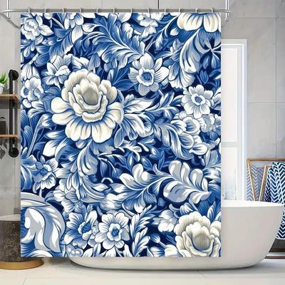 Beautiful Blue White Floral Shower Curtain Waterproof Decorative Bath Mat Bathroom Home Decoration Customizable Size Available
