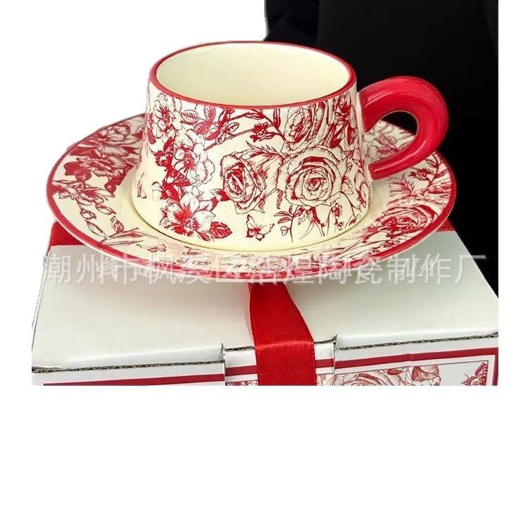 Festive Red Rose Flower Cups And Saucers Wedding Gifts For Newcomers, High-End Souvenir Sets For Girlfriends, High-End And Exquisite