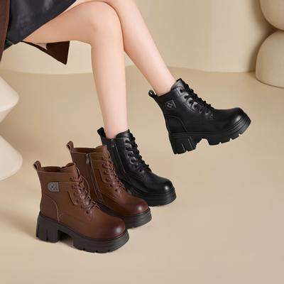 Autumn and Winter New Leather Thick-soled Martin Boots Women's Thick Heel Heightening Short Boots British Style Casual Versatile Locomotive Boots Tide