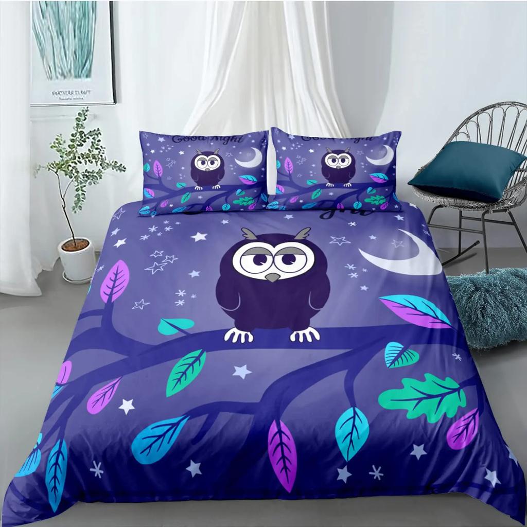 Owl King Queen Duvet Cover Adorable Funny Cartoon Animal Bedding Set for Kids Boy Colorful Wildlife 2/3pcs Polyester Quilt Cover