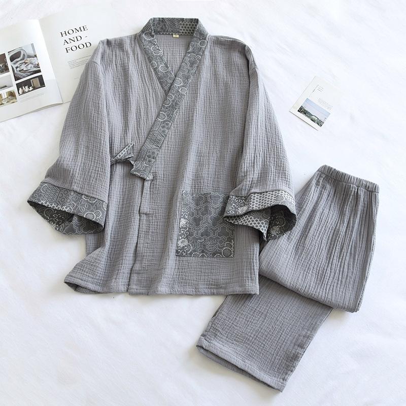 Pure Cotton Mens Pajamas Set Japanese Kimono Plus Size Long Sleeve Pant Suit Casual Comfortable Home Service Two-piece Sleepwear