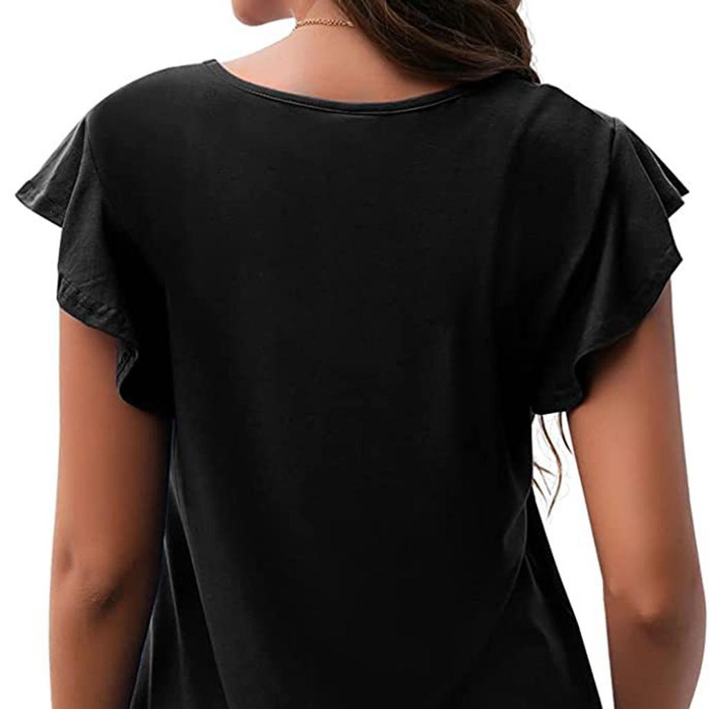 Women's Fashion Round Neck Ruffle Short Sleeve Color Casual T-Shirt