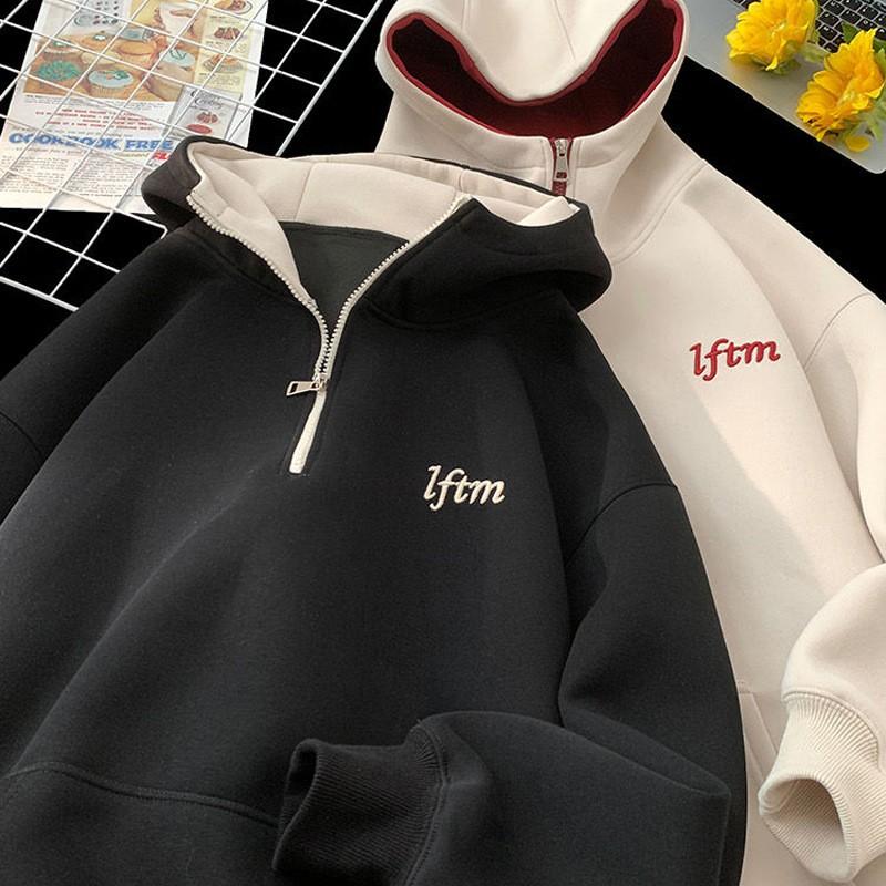 Half-zip Embroidered Hoodie Couple Matching Winter Casual Loose Sweatshirt Women
