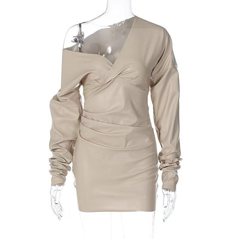 

Fashion Ins Style New Arrival New Autumn Sexy Slim Looking Oversleeves Dress Sexy V-neck Dress Nude S