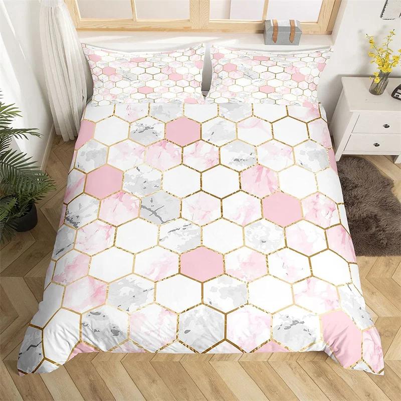 Marble Duvet Cover Set Microfiber Geometric Hexagone Quilt Cover Honeycomb Bedding Set Single King Queen For Kids Teens Adults