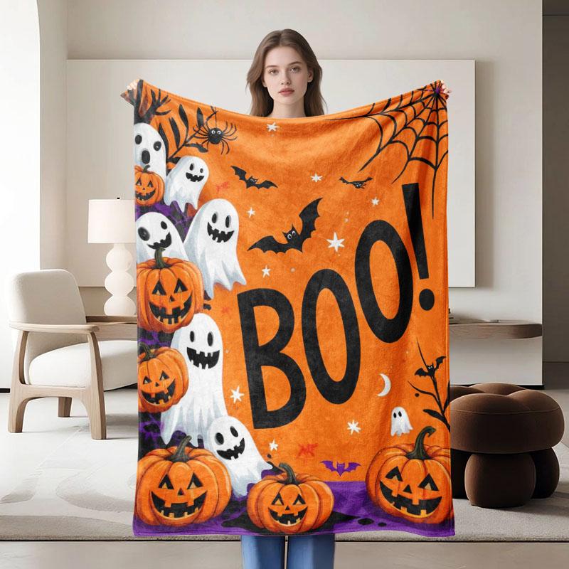 1 piece Halloween-themed orange flannel blanket, soft, suitable for sofa, bed, office, all-season use.