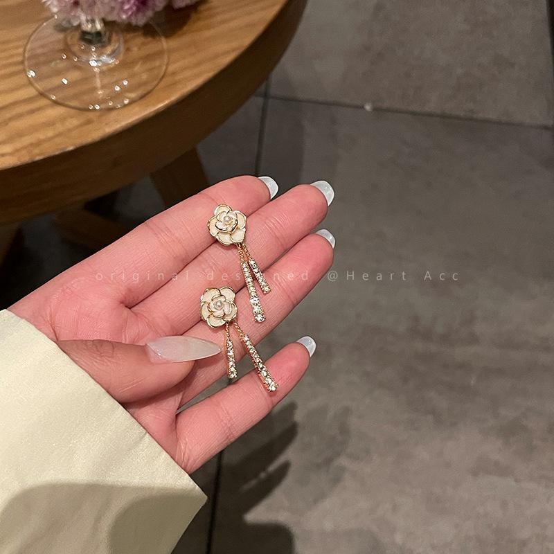 2024 Trendy Rhinestone Tassel Camellia Earrings for Women