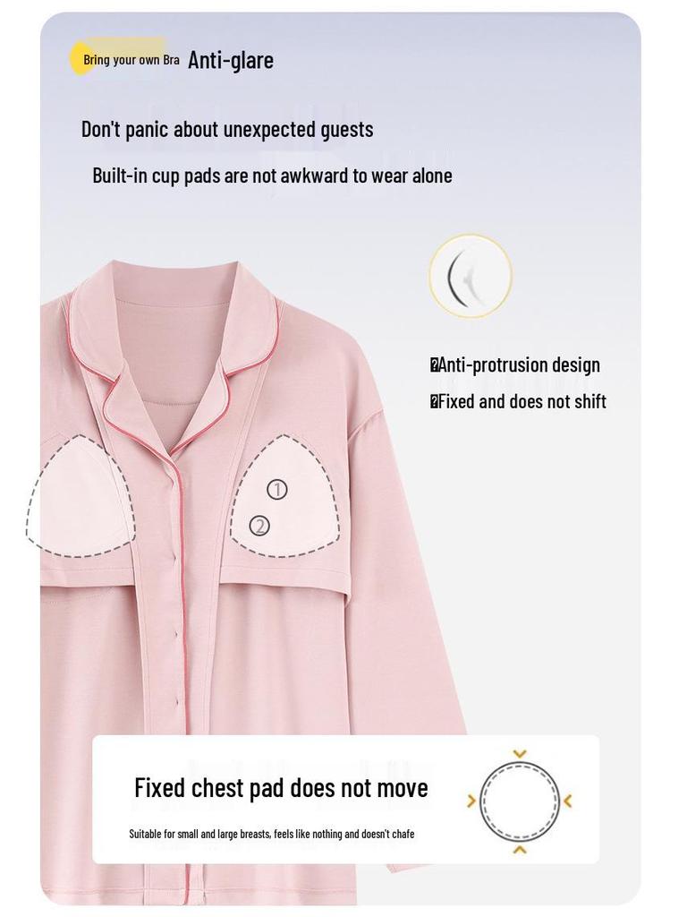 Women's Plus-Size Pure Cotton Long Sleeve Pajama Set with Breast Pads - High-End Spring/Autumn Home Wear