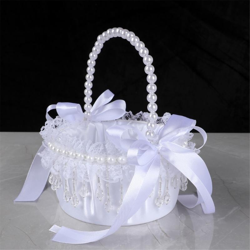 Elegant Crystal Pearls Tassels Basket For Wedding Party Decorations Handcrafted Floral Container With Silk Fabric