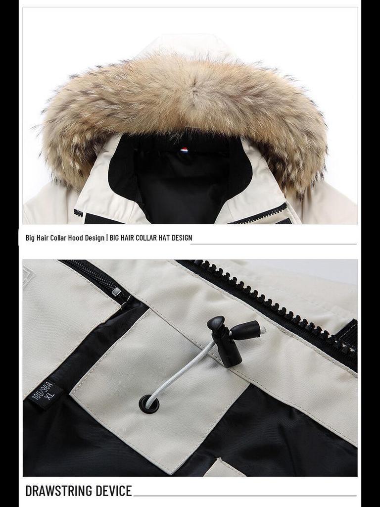 Unisex White Duck Down Jacket with Large Fur Collar, Multi-Pocket, Hooded, Warm and Trendy Workwear Style.